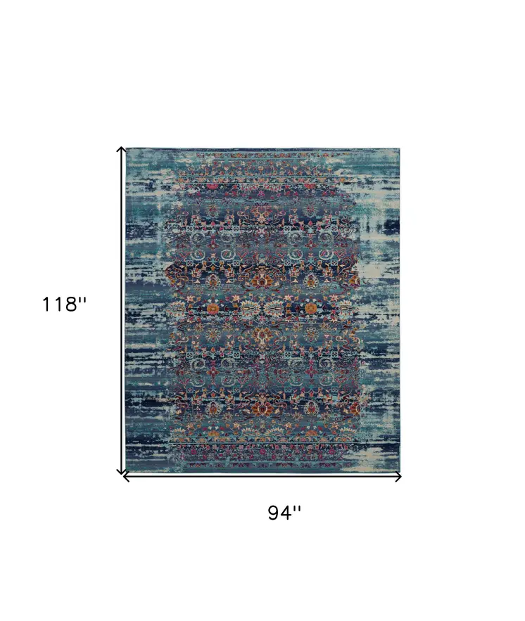 8' X 10' Blue Red And Orange Floral Distressed Non Skid Area Rug