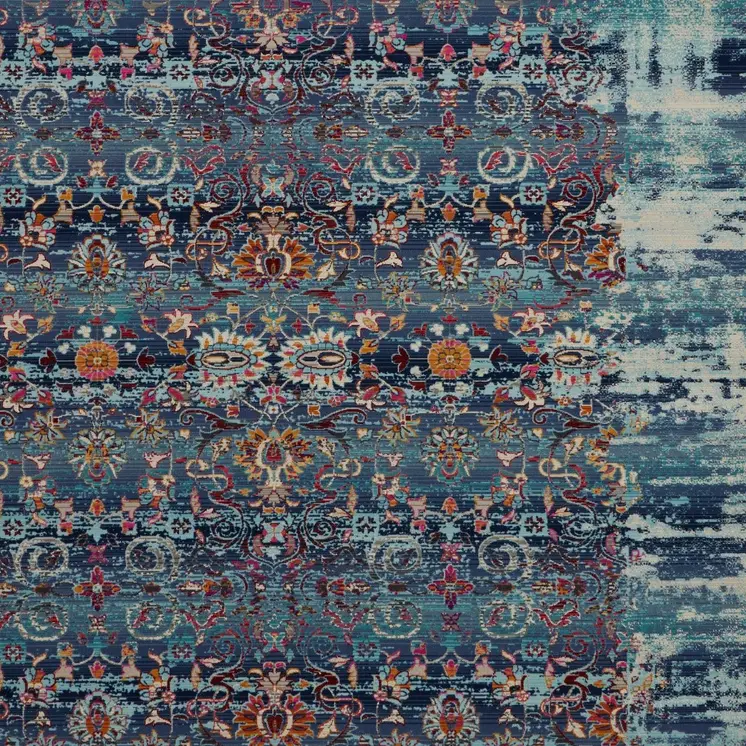 8' X 10' Blue Red And Orange Floral Distressed Non Skid Area Rug