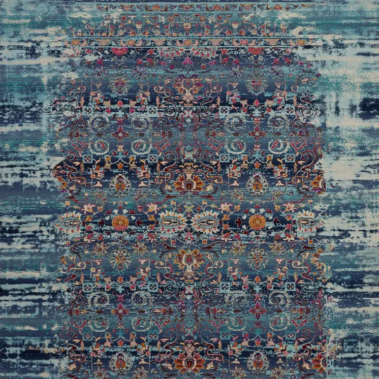8' X 10' Blue Red And Orange Floral Distressed Non Skid Area Rug