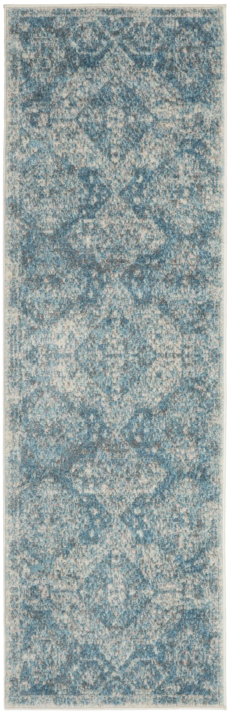 7' Ivory and Light Blue Geometric Distressed Runner Rug