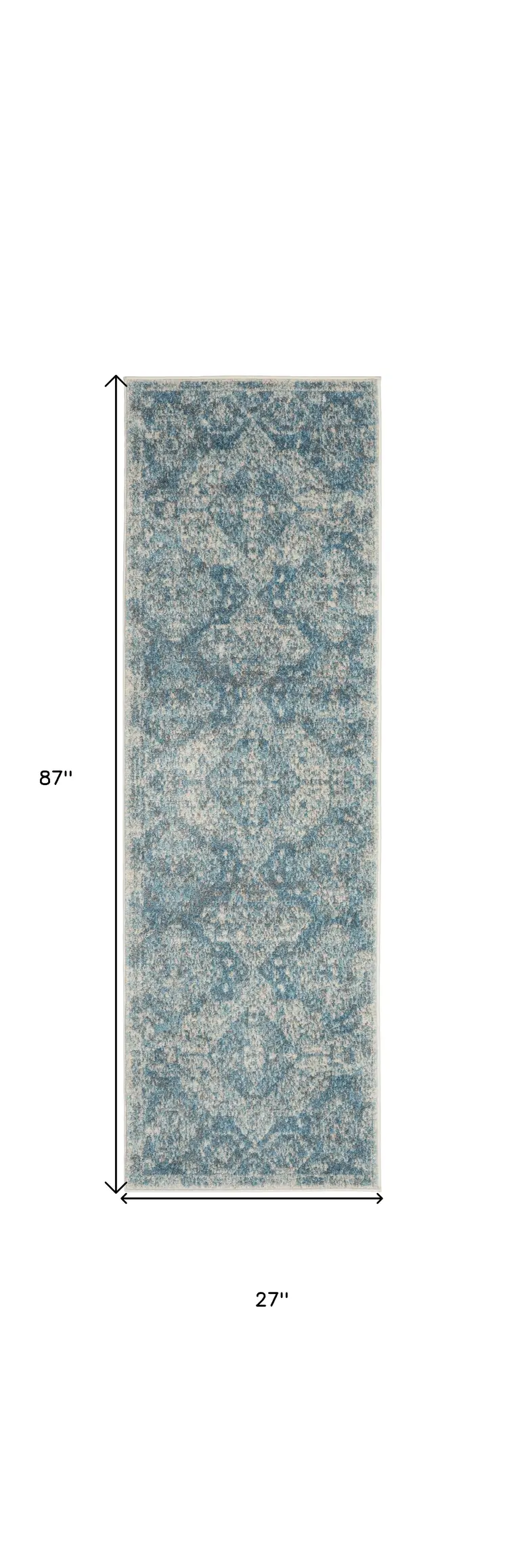 7' Ivory and Light Blue Geometric Distressed Runner Rug