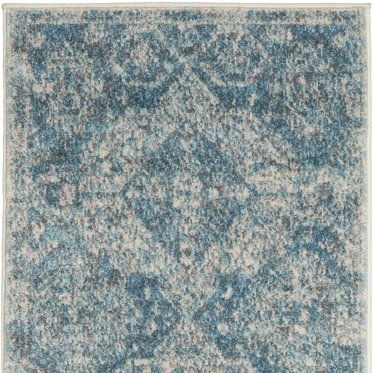 7' Ivory and Light Blue Geometric Distressed Runner Rug