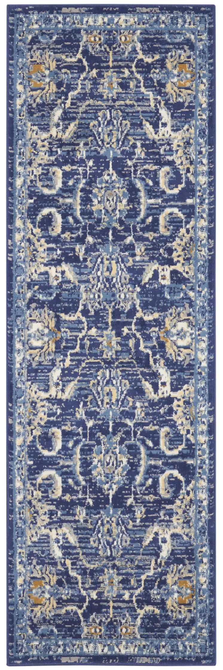8' Blue And Beige Floral Runner Rug