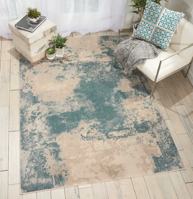 5' X 7' Teal and Ivory Abstract Non Skid Area Rug
