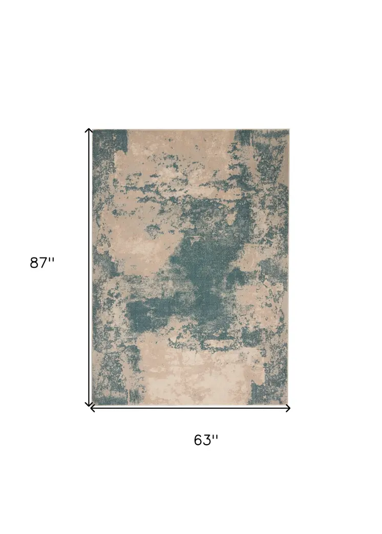 5' X 7' Teal and Ivory Abstract Non Skid Area Rug