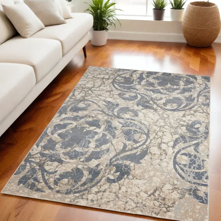 5' X 7' Ivory Charcoal and Gray Floral Distressed Non Skid Area Rug