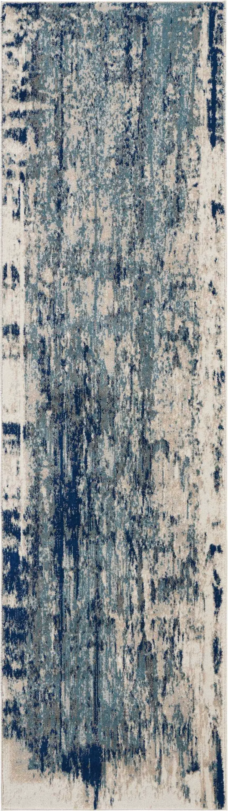 8' Ivory Blue and Slate Gray Abstract Non Skid Runner Rug