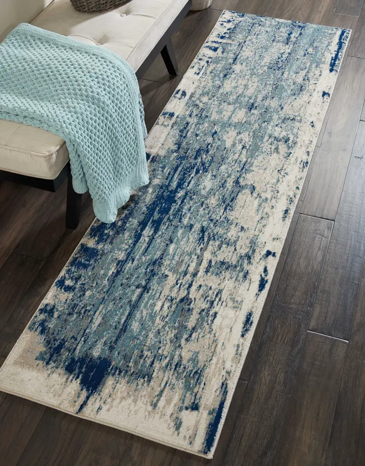 8' Ivory Blue and Slate Gray Abstract Non Skid Runner Rug