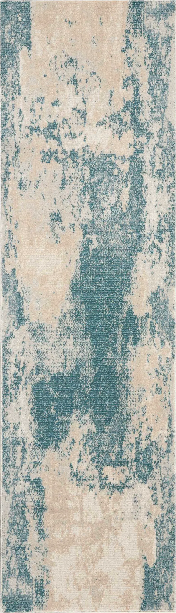 8' Teal and Ivory Abstract Non Skid Runner Rug