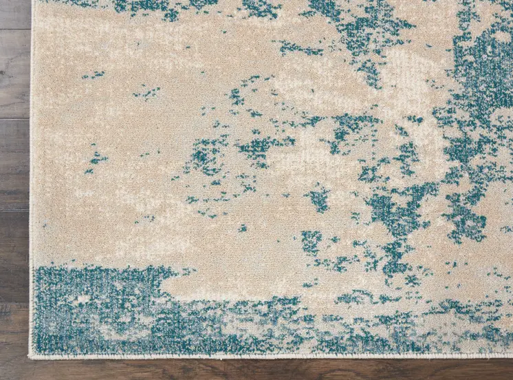 8' Teal and Ivory Abstract Non Skid Runner Rug