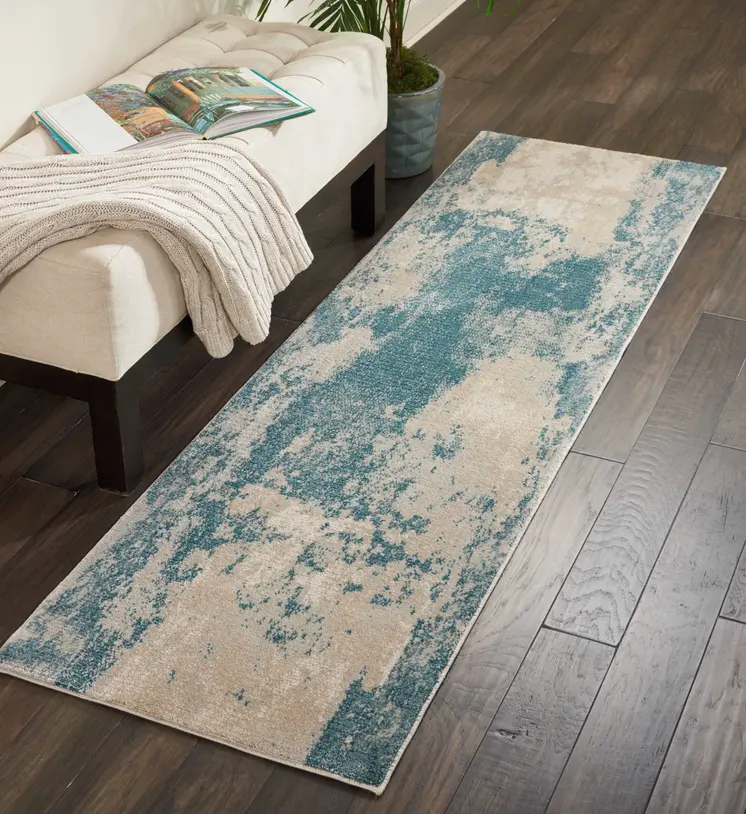 8' Teal and Ivory Abstract Non Skid Runner Rug