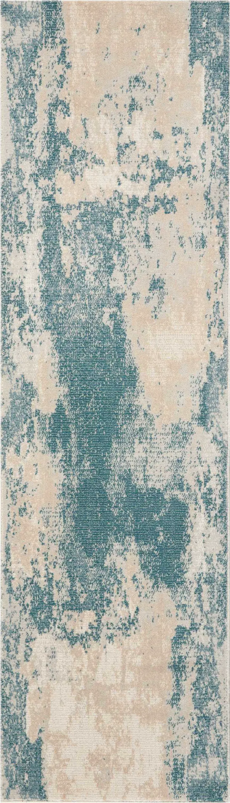8' Teal and Ivory Abstract Non Skid Runner Rug