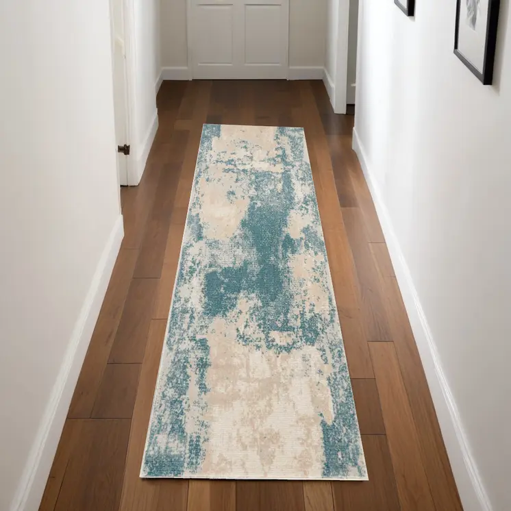 8' Teal and Ivory Abstract Non Skid Runner Rug