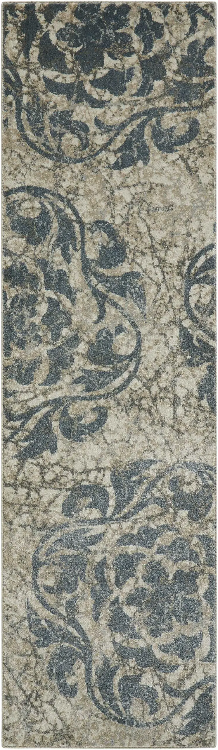 8' Ivory Tan and Gray Floral Distressed Non Skid Runner Rug