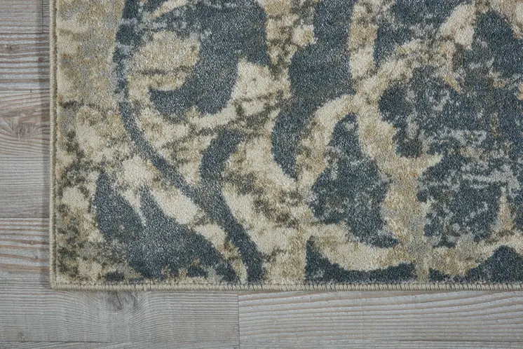 8' Ivory Tan and Gray Floral Distressed Non Skid Runner Rug