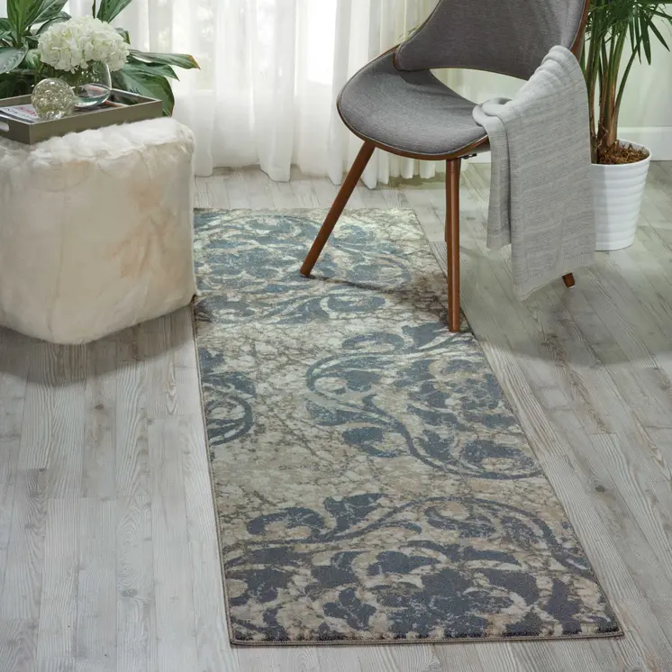 8' Ivory Tan and Gray Floral Distressed Non Skid Runner Rug