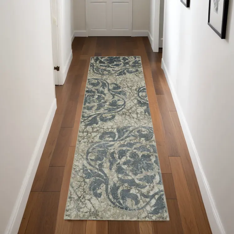 8' Ivory Tan and Gray Floral Distressed Non Skid Runner Rug