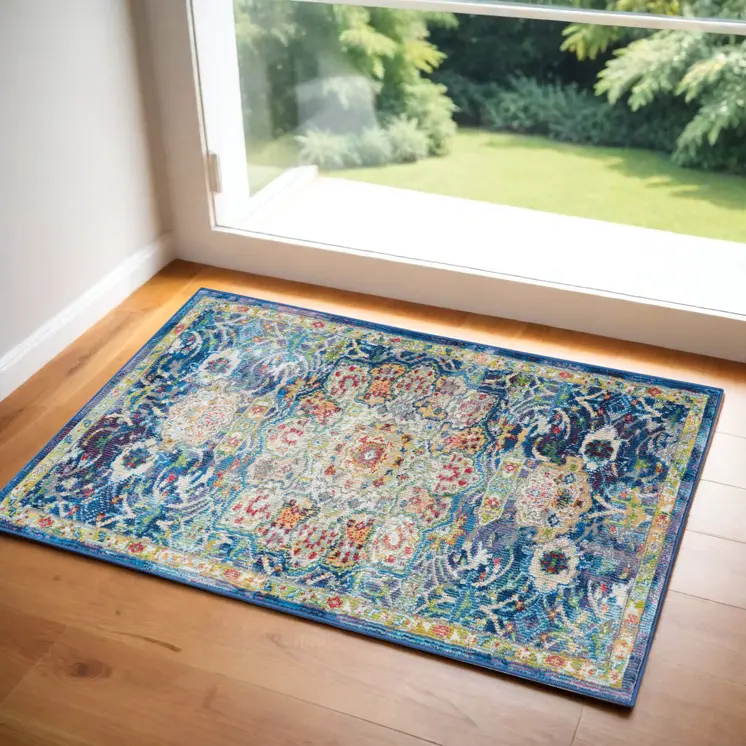 2' X 4' Ivory and Yellow Floral Medallion Distressed Non Skid Area Rug