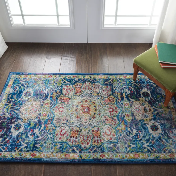 2' X 4' Ivory and Yellow Floral Medallion Distressed Non Skid Area Rug