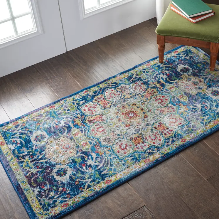 2' X 4' Ivory and Yellow Floral Medallion Distressed Non Skid Area Rug