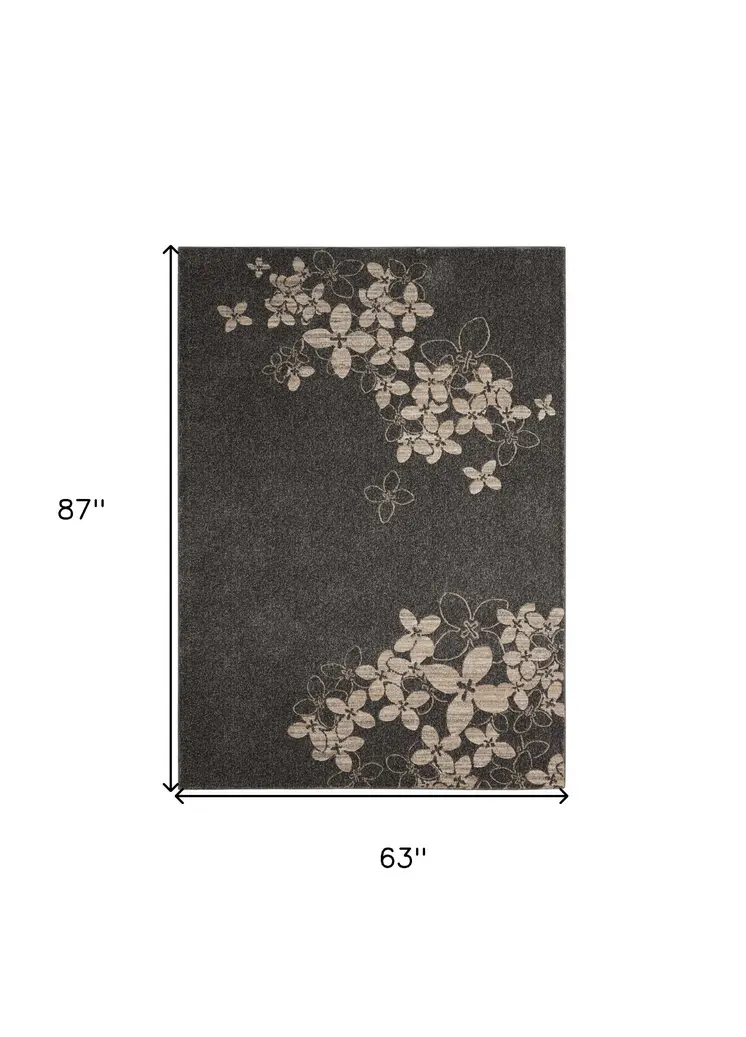 5' X 7' Charcoal and Beige Floral Non Skid Area Rug