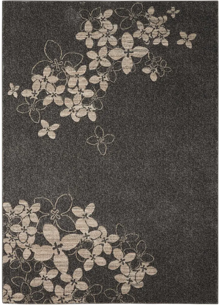 5' X 7' Charcoal and Beige Floral Non Skid Area Rug