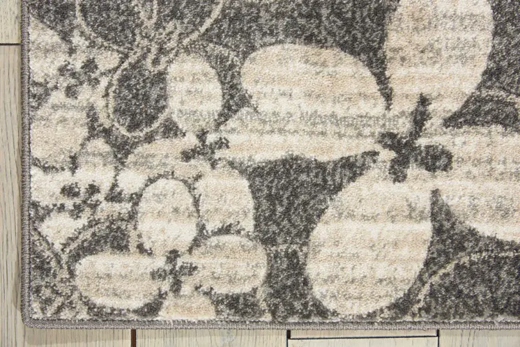 8' Charcoal and Beige Floral Non Skid Runner Rug