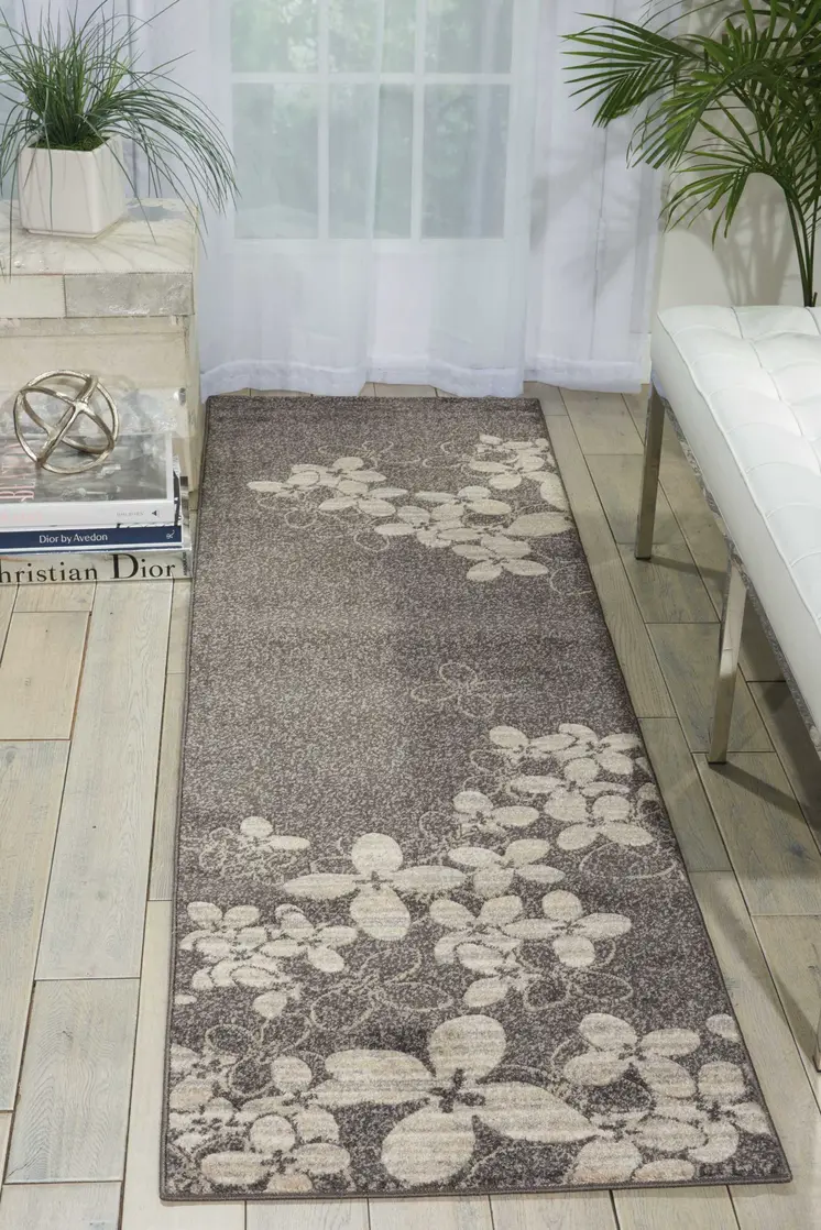 8' Charcoal and Beige Floral Non Skid Runner Rug