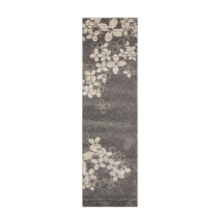 8' Charcoal and Beige Floral Non Skid Runner Rug