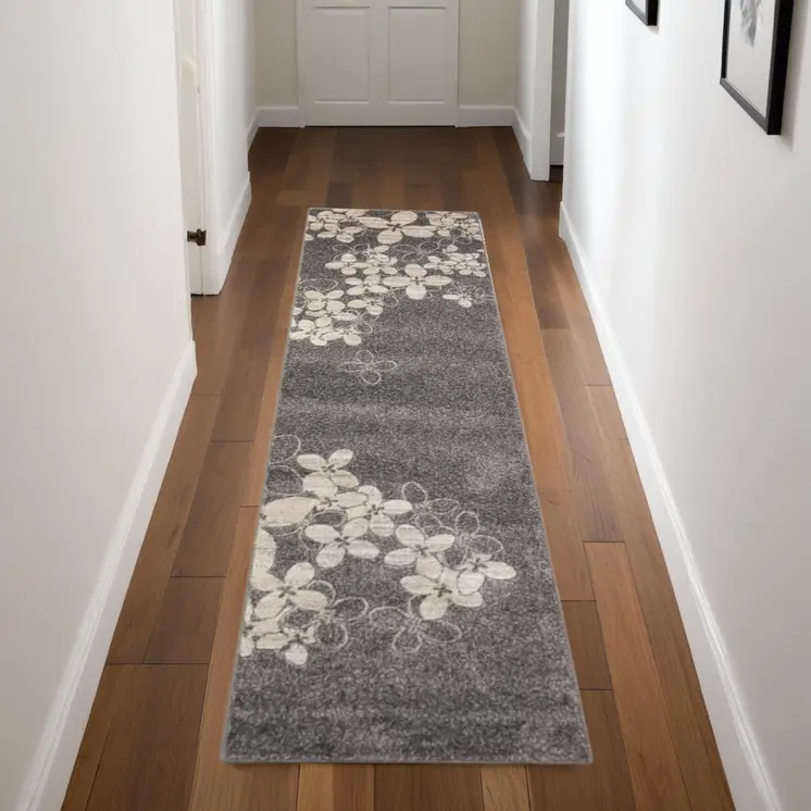 8' Charcoal and Beige Floral Non Skid Runner Rug