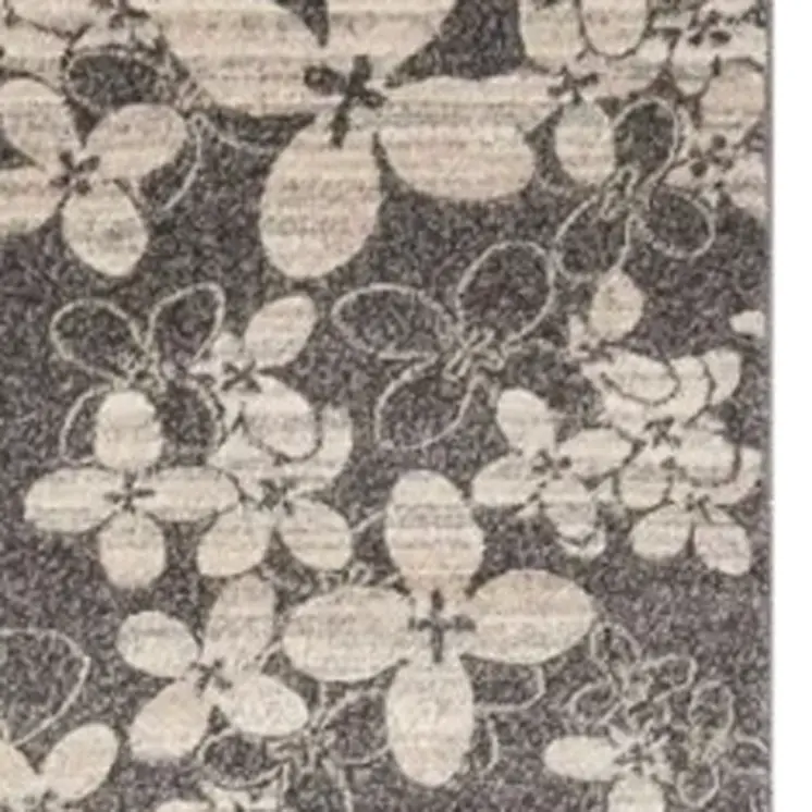 8' Charcoal and Beige Floral Non Skid Runner Rug