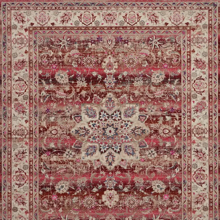 8' X 10' Ivory And Red Floral Distressed Non Skid Area Rug