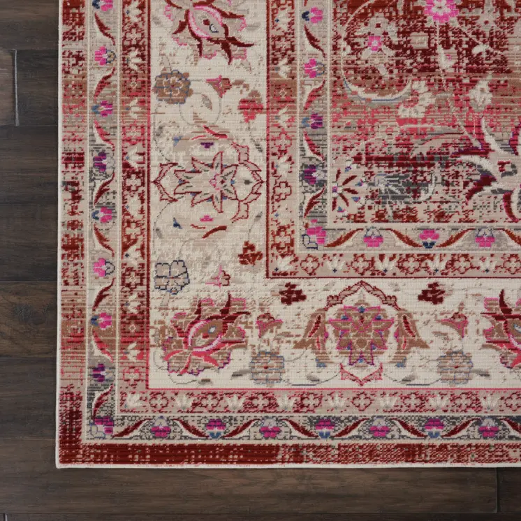 8' X 10' Ivory And Red Floral Distressed Non Skid Area Rug