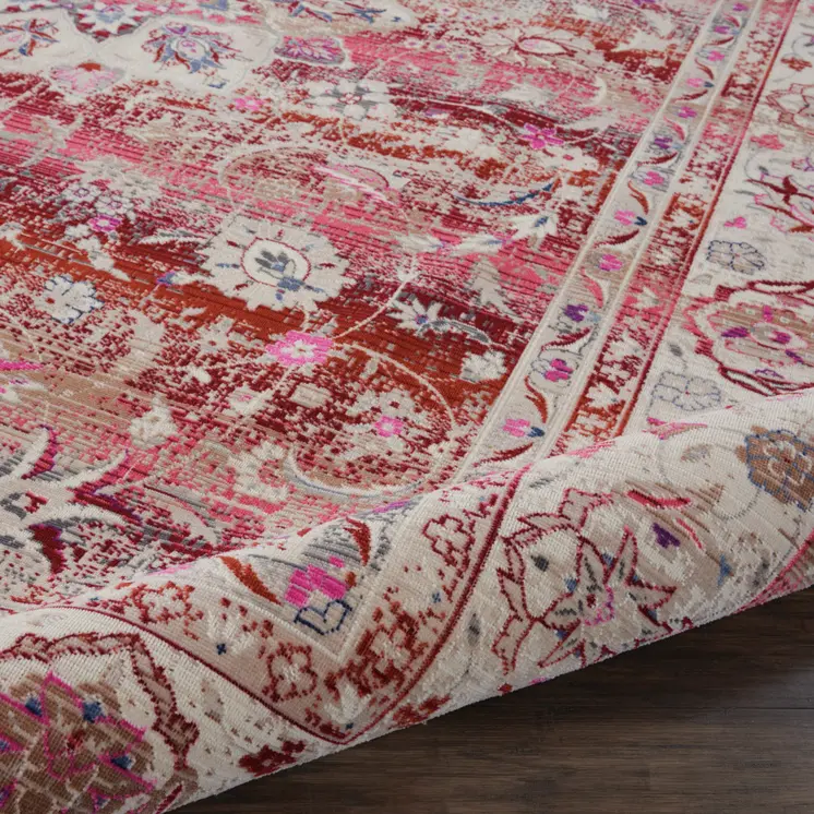 8' X 10' Ivory And Red Floral Distressed Non Skid Area Rug