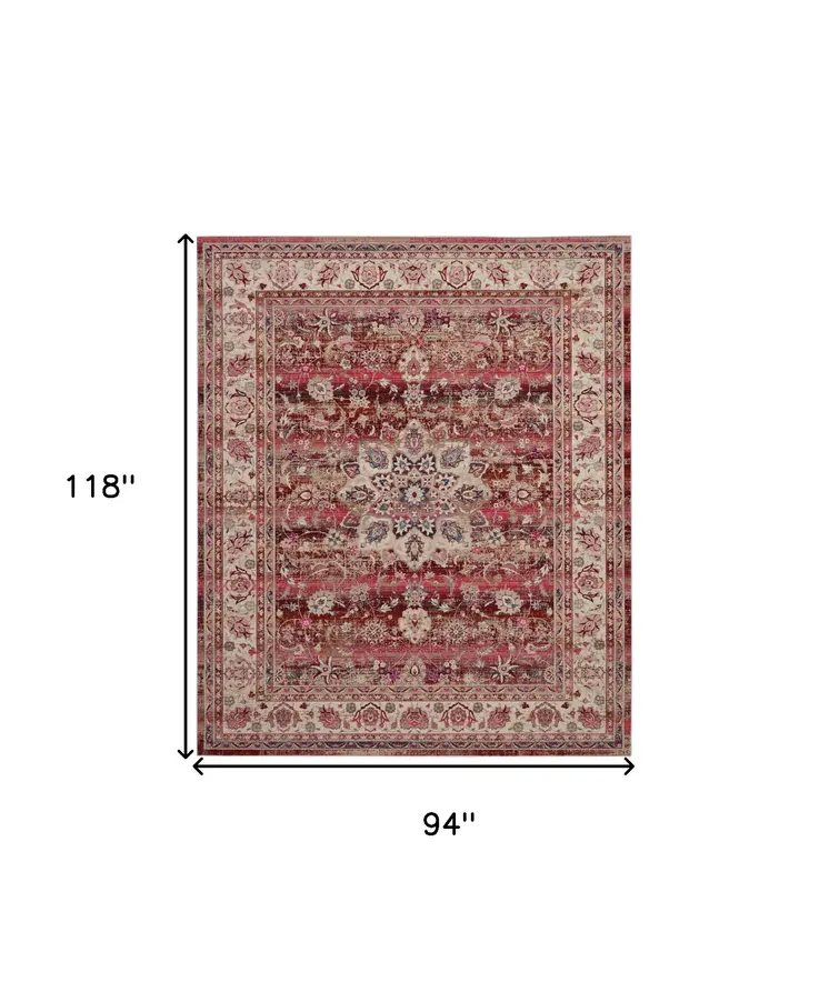 8' X 10' Ivory And Red Floral Distressed Non Skid Area Rug