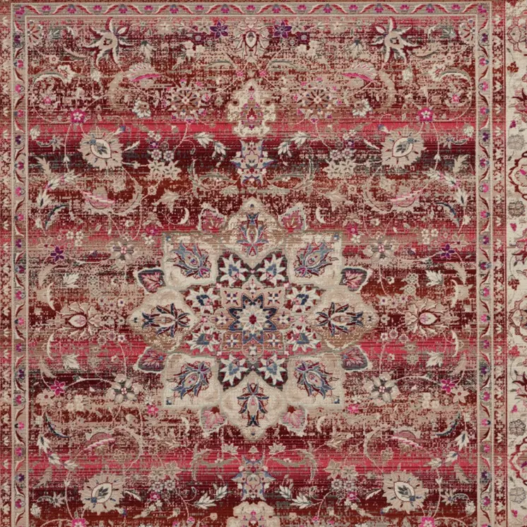 8' X 10' Ivory And Red Floral Distressed Non Skid Area Rug