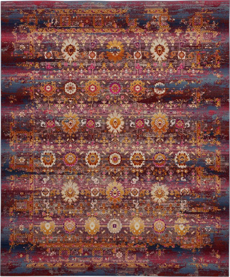 8' X 10' Blue Yellow And Red Floral Distressed Non Skid Area Rug
