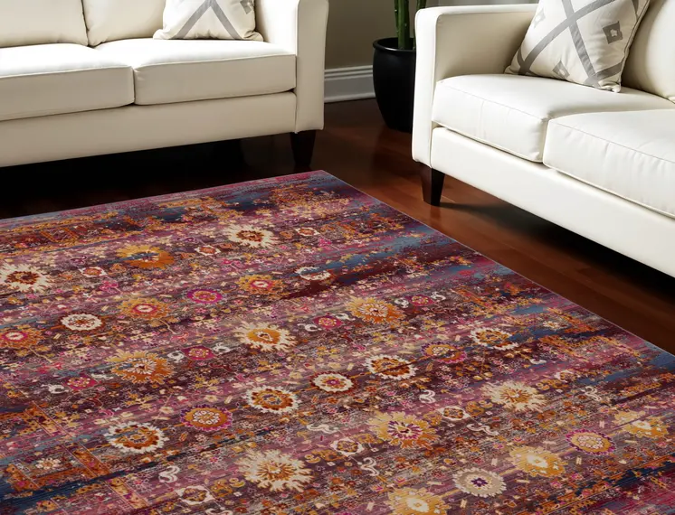 8' X 10' Blue Yellow And Red Floral Distressed Non Skid Area Rug