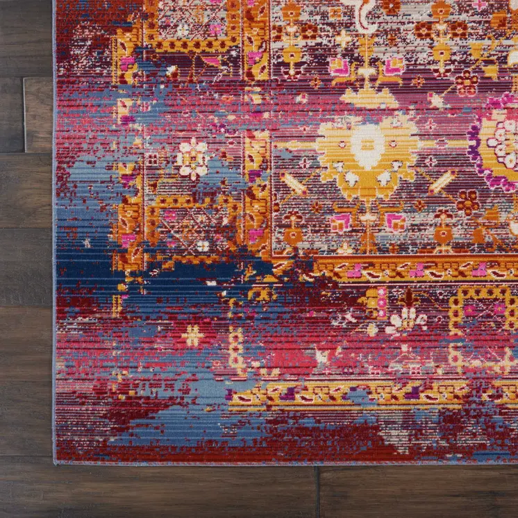 8' X 10' Blue Yellow And Red Floral Distressed Non Skid Area Rug