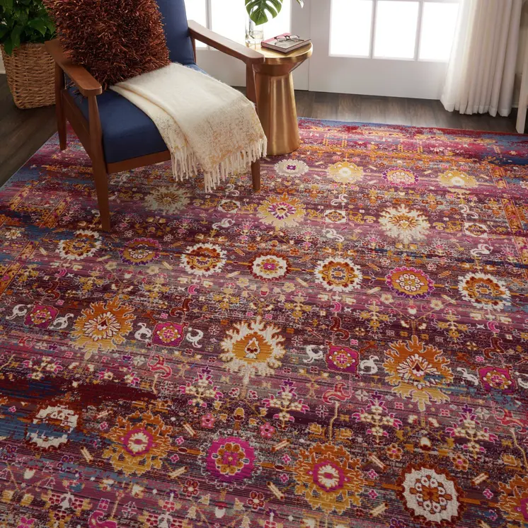 8' X 10' Blue Yellow And Red Floral Distressed Non Skid Area Rug