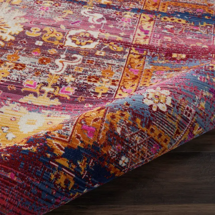 8' X 10' Blue Yellow And Red Floral Distressed Non Skid Area Rug