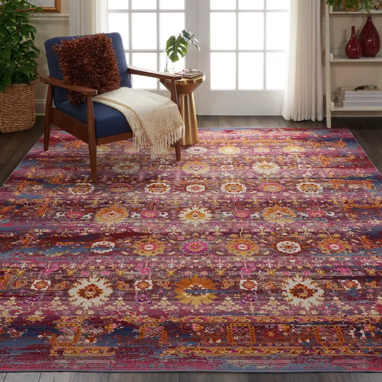 8' X 10' Blue Yellow And Red Floral Distressed Non Skid Area Rug