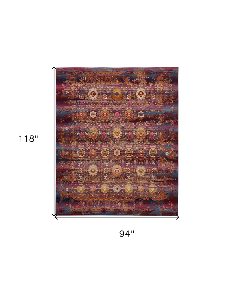 8' X 10' Blue Yellow And Red Floral Distressed Non Skid Area Rug