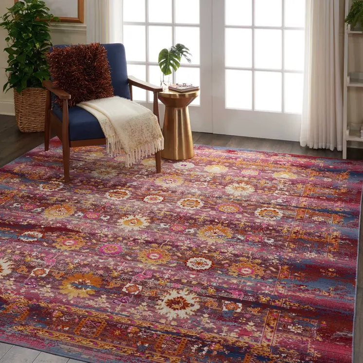 8' X 10' Blue Yellow And Red Floral Distressed Non Skid Area Rug