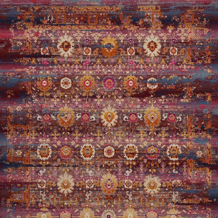 8' X 10' Blue Yellow And Red Floral Distressed Non Skid Area Rug