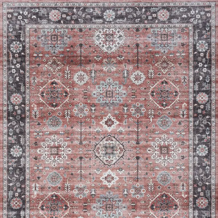 8' X 10' Black and Red Floral Distressed Non Skid Area Rug