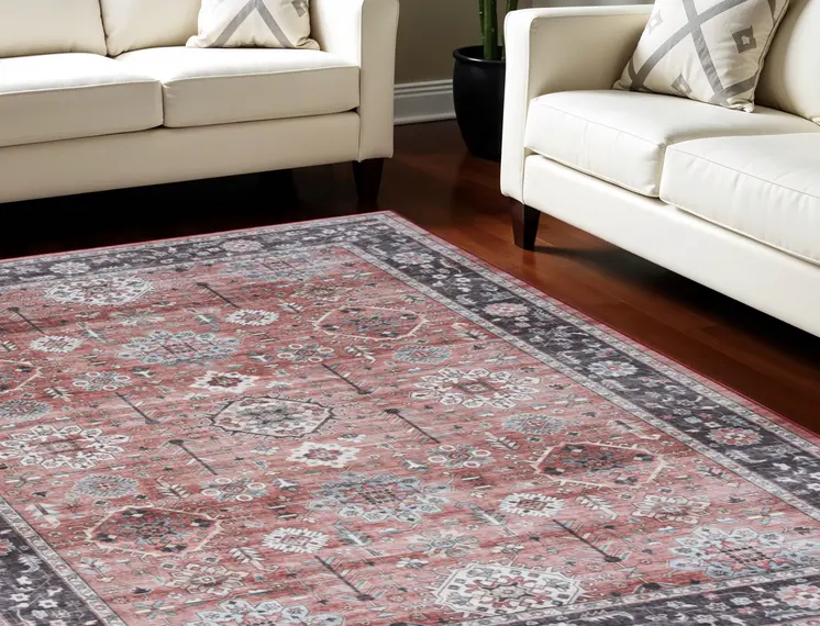 8' X 10' Black and Red Floral Distressed Non Skid Area Rug