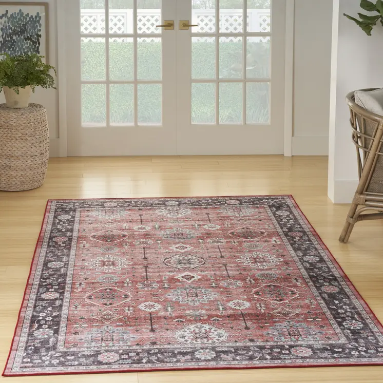 8' X 10' Black and Red Floral Distressed Non Skid Area Rug