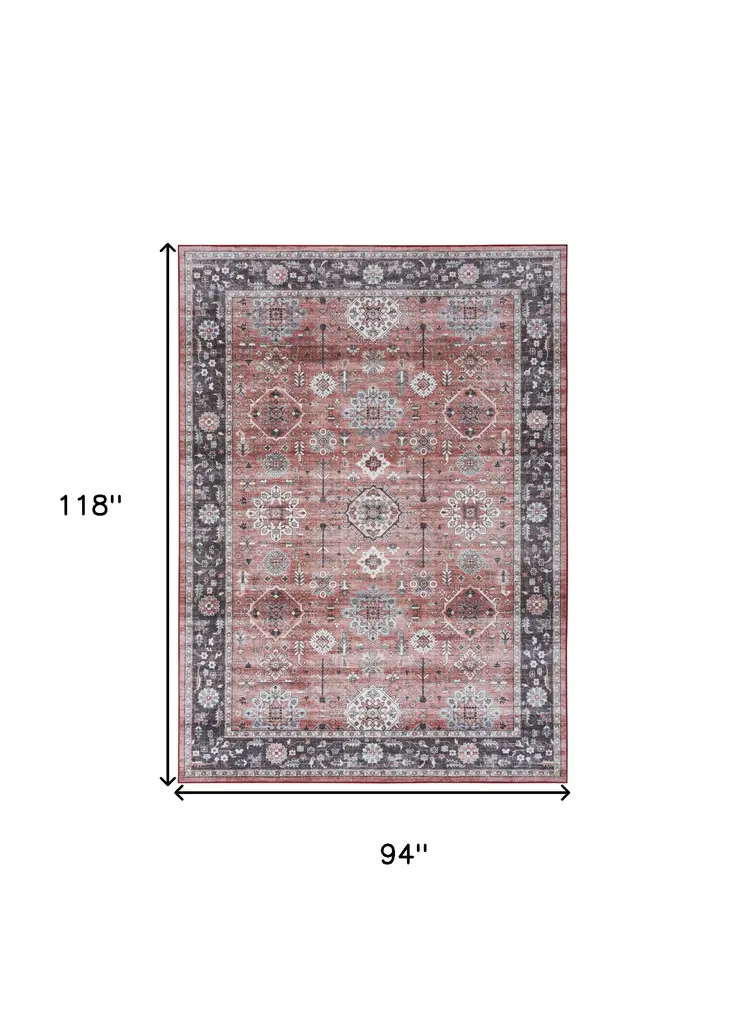 8' X 10' Black and Red Floral Distressed Non Skid Area Rug