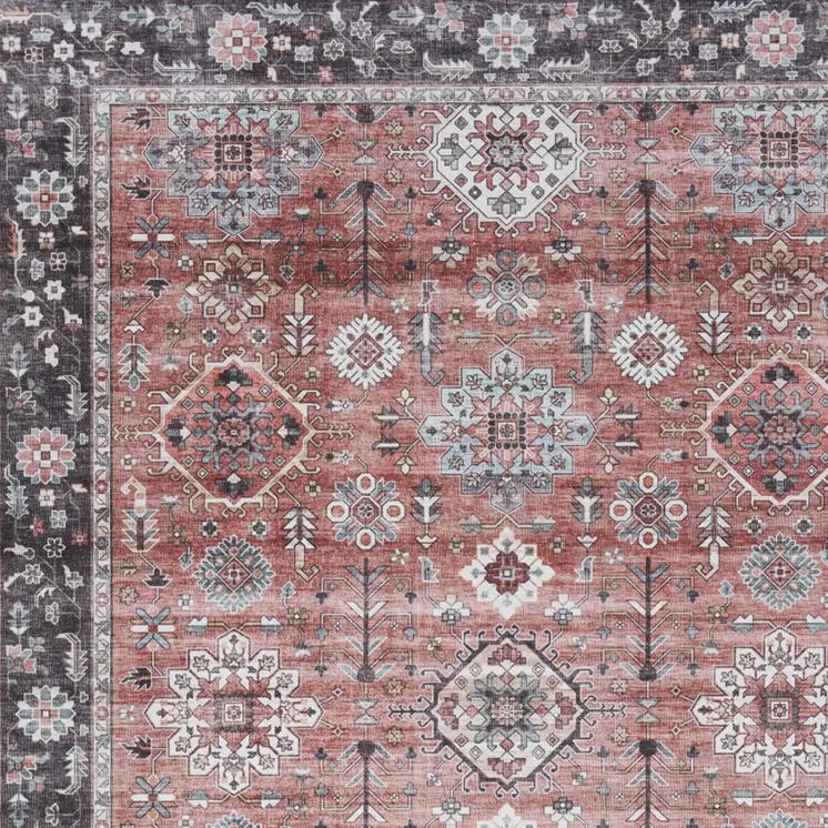 8' X 10' Black and Red Floral Distressed Non Skid Area Rug